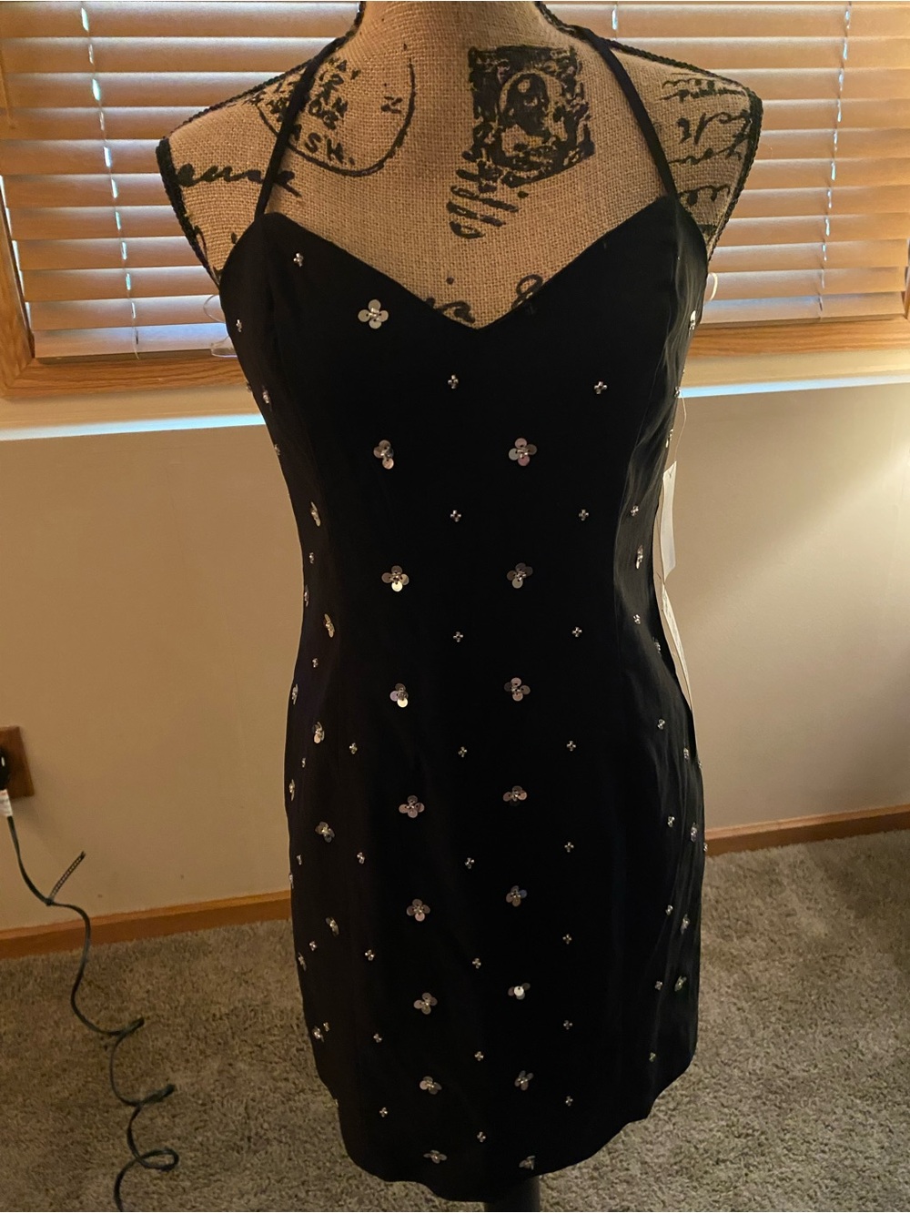 Crystal Doll Black Halter Mini Dress with Silver Sequin Accents